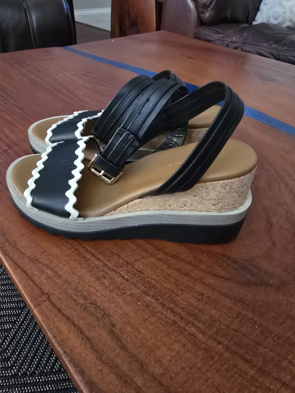 See By Chloe Black and Cream Scallop Ankle-Strap Wedge Sandal